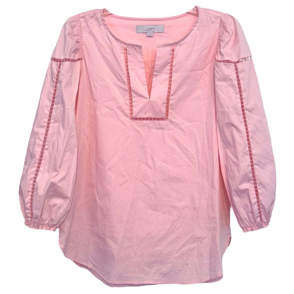 LOFT Size Small Soft Pink 3/4 Sleeve Cotton-Spandex Inset Ladder Lace Top
